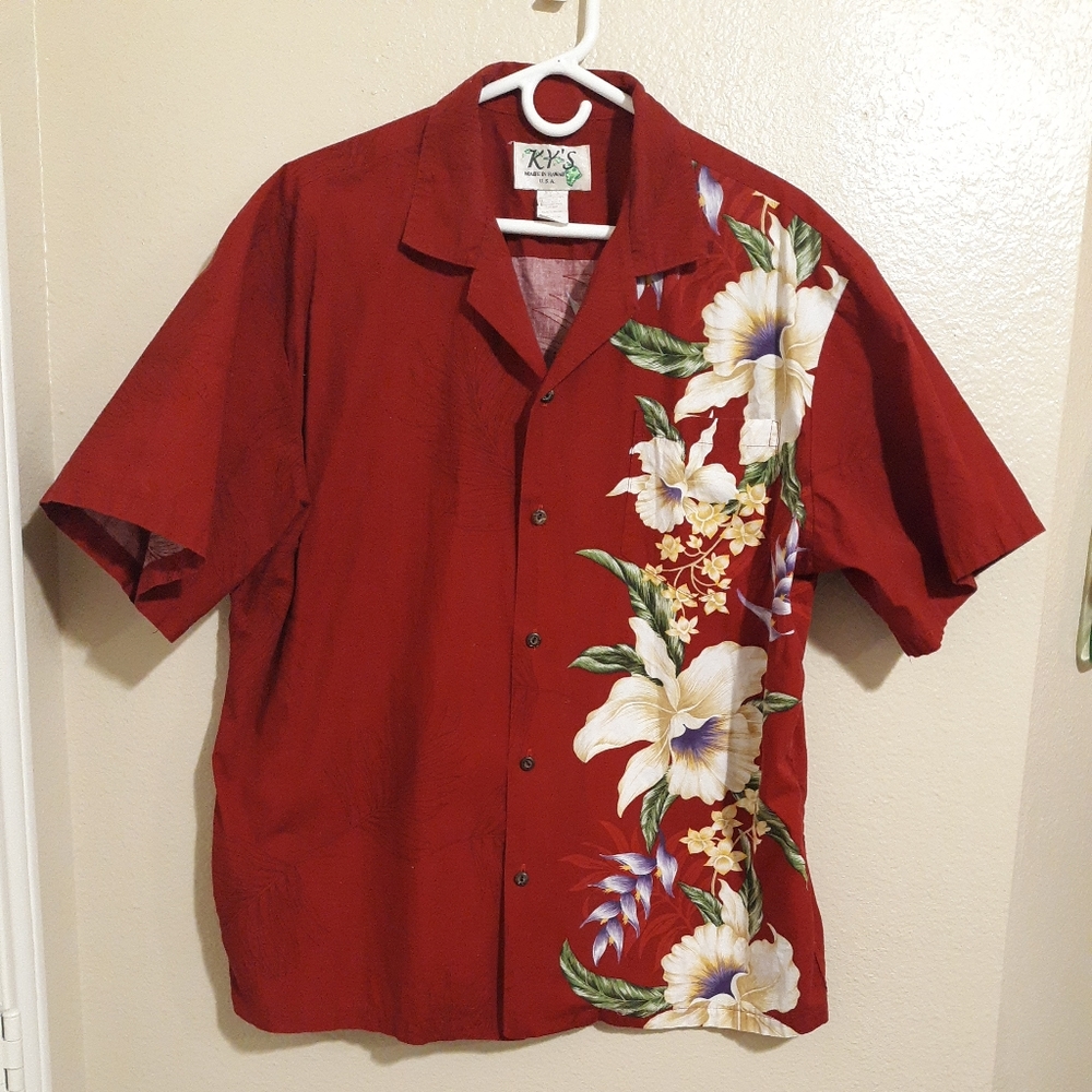 KY'S  Hawaiian Shirt Men's Button Up Floral USA  Red Sz XL